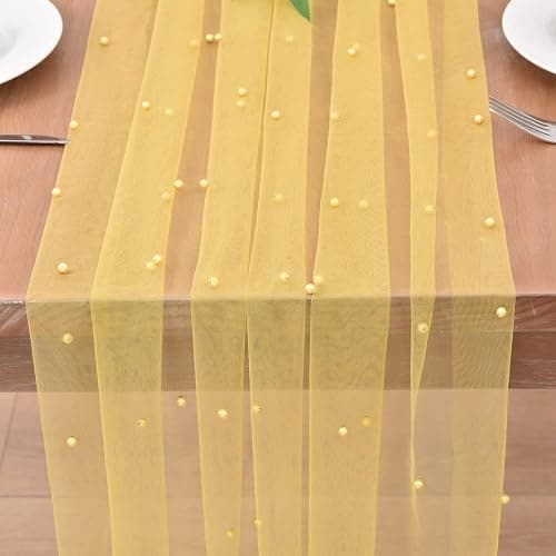 Joanlody Pearl Table Runner 10ft Rustic Boho Tulle Runner with Pearls for Baby Shower Wedding Party Veil Dessert Table Decor Yellow thumbnail 3