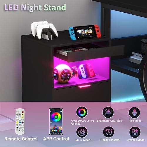 Yusong Night Stand, Bedside Table, LED Nightstand with Charging Station, Modern Night Stand, Wood Sofa Couch End Side Table with 2 Pull-Out Shelf (Black) thumbnail 4