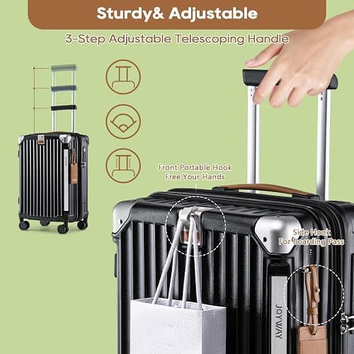Joyway 20in Carry On Luggage with Cup Holder and USB Port, 25% Expandable Capacity, Smart Suitcase with Anti Slip Wheels and Handbag, Perfect for Men and Women 3 Piece Set Black thumbnail 6