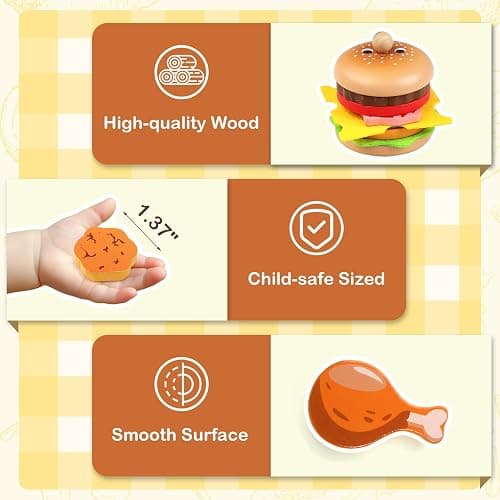 Wooden Hamburger Play Food Set for Kids, Fast Food Playset with Tray, Pretend Play Kitchen Accessories for Toddlers thumbnail 6