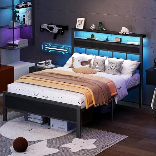 Furnulem Full Size Bed Frame with LED Light and Charging Station, Wood Storage Headboard with 2-Tier Shelves, Metal Platform Bed with Heavy Duty Slats Support, No Box Spring Needed, Black Oak thumbnail 5