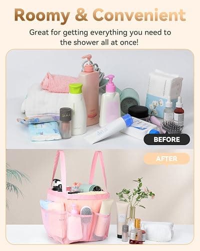 Temede Mesh Shower Caddy Tote, Large Shower Caddy Basket Portable, Quick Dry Hanging Toiletry Bag, 8 Storage Pocket Bath Organizer for College Dorm, Gym, Camp, Travel (Pink) thumbnail 5
