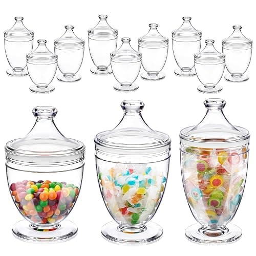 Mimorou 12 Pieces Plastic Apothecary Jars Bulk with Lid Candy Buffet Containers Set 3 Sizes for Wedding Reception Grand Event Birthday Party Supplies Bathroom Kitchen, Shatter-proof - Image 1