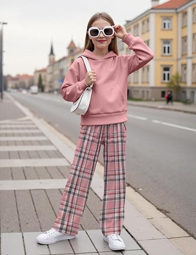 kadoubiyoo Girls Clothes Long Sleeve Hoodie Sweatshirt and Plaid Wide-leg Pants 2PCS Girl Fall Winter Outfits Size 6-16 thumbnail 2