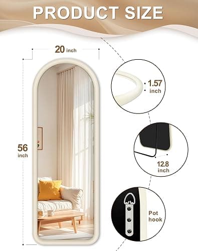 Delma Arched Full Length Mirror, Free Standing Floor Flannel Frame Mirror for Leaning or Hanging, Soft Touch Bedroom & Living Room Decor, Cream White thumbnail 2