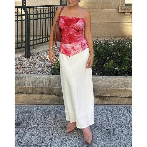 Women Floral Tube Top Strapless Off Shoulder Crop Shirt Y2k Aesthetic Graphic Print Bandeau Mesh Top - Cherry - Small thumbnail 3