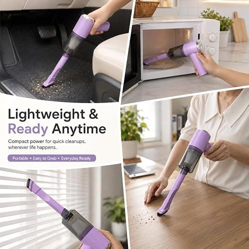 Mini Handheld Vacuum Portable for Desk, Keyboard, Car & Crumbs, Lavender | Quick Cleanups, Tight Spaces, Rechargeable Cordless, Easy Storage, Office, Cup Holders, Seat Gaps, Window Tracks thumbnail 3