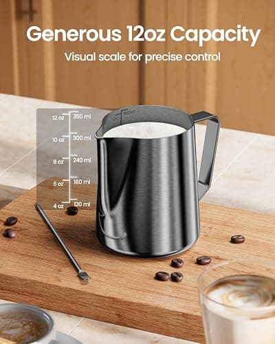 Maestri House Milk Frothing Pitcher, 12oz Espresso Steaming Pitcher Milk Frother Cup, Milk Coffee Cappuccino Latte Art, 304 Stainless Steel Jug Cup with Decorating Art Pen thumbnail 4
