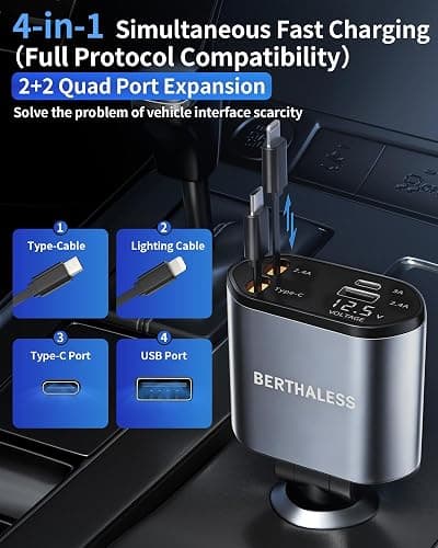 BERTHALESS Retractable Car Charger, 4 in 1 Fast Charging Car Charger with USB-C & USB-A, Compatible with iPhone 17/16/15/14/13/12/11,Galaxy,Pixel,Car Accessories Gifts for Fathers Day,Husband,Men,Dad thumbnail 5