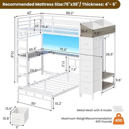 Bunk Bed Twin Over Twin with Desk, LED Lights and Hall Tree, L-Shaped Bunk Bed with Charging Station, 5 Storage Drawers, Twin Bunk Beds with 13.4"H Guardrail & Stairs, No Box Spring Needed, White thumbnail 2