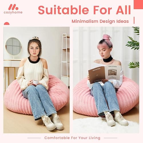 Honeydak Ribbed Rabbit Fur Stuffed Animal Storage Bean Bag Chair Cover (No Filler) Comfy Bean Bag Cover Without Filling or Home Bedroom Decor Organizing Plush Doll Textile Holder(Pink,L) thumbnail 4
