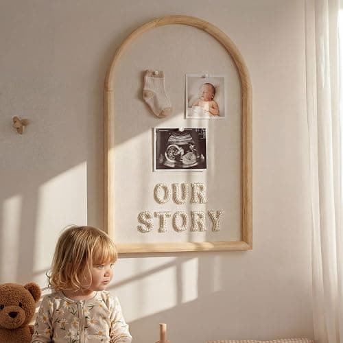 BrightRow Arch Bulletin Board with Pin Linen Wedding Display Framed Decorative 24x16 Hanging Wood Vision Cork Board for Office Wall School Home Decor, 70 Pearl Studs, 26 Letter Stickers(Natural) thumbnail 5