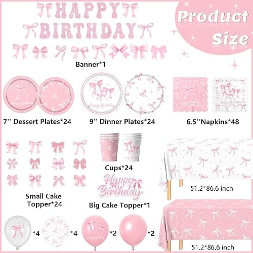 Pink Bow Birthday Party Supplies Serve 24, Coquette Birthday Decorations Include Bow Plates Napkins Cups Banner Tablecloth Cake Topper Balloons Bow Theme Tableware for Girls Bachelorette Decor thumbnail 3