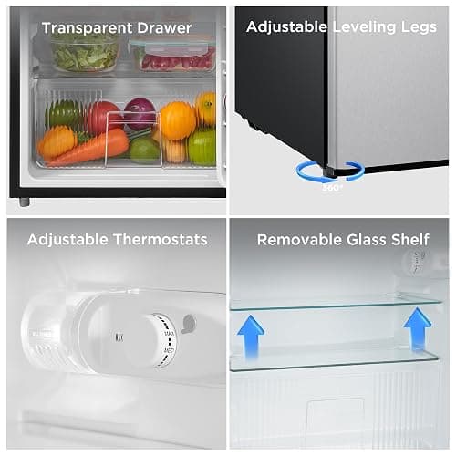 Midea WHD-113FSS1 Double Door Mini Fridge with Freezer for Bedroom Office with Adjustable Legs Removable Glass Shelves Compact Refrigerator, 3.1 cu ft, Stainless Steel thumbnail 7
