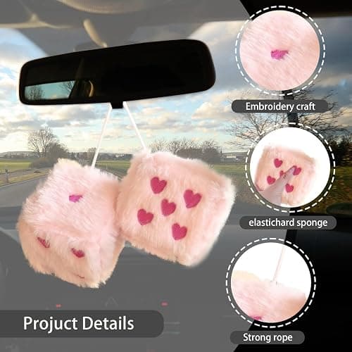 Pair 3” Colorful Heart Embroidered Fuzzy Plush Dice, Soft Plush Car Decoration Hanging Ornaments, Couple Car Decorative Vintage Accessories for Rearview Mirror Decorations(Pink Rose Red Dots) thumbnail 2