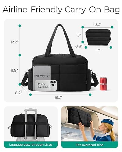BAGSMART Gym Bag for Women with Toiletry Pouch, Lightweight Weekender Bags for Women with Wet Pocket, 31L Quilted Travel Duffle Carry On Bag, Weekender Overnight Bag for Travel,Water Resistant,Black thumbnail 4