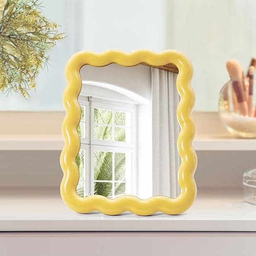 Philbinden Cute Wave-Shaped Desk Vanity Makeup Mirror, Portable Folding Travel Make Up Mirror for Standing/Hanging, Home Decorations Mirror for Women Girls (1, Yellow) - Image 1