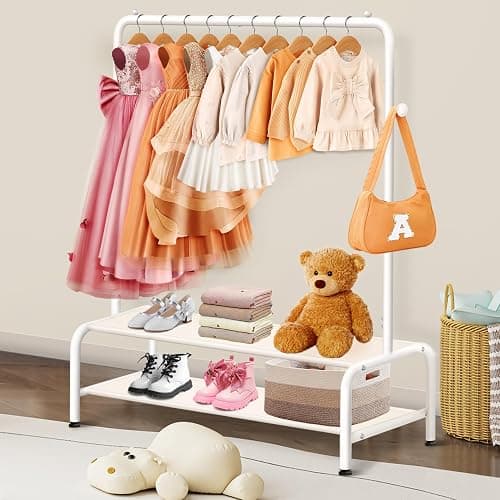 Kids Clothing Rack - Dress Up Clothes Rack - Baby Toddler Closet - Mini Freestanding Coat Racks with 2 Fabric Shelves - Small Kids Costume Wardrobe - Garment Rack for Hanging Clothes Organizer thumbnail 6