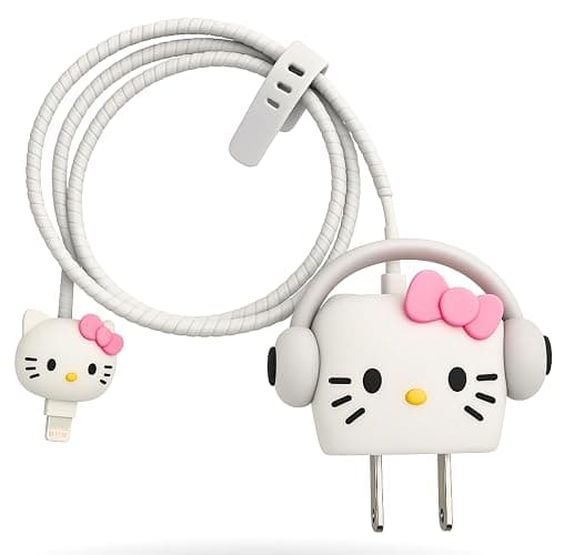 EMOH ROCED Cute Cartoon 3-in-1 20 W Charger Cover Compatible with iPhone Adapter – Compact, Durable, Portable & Protective Case with Cable Protector (White Kitty Headphone) - Image 1