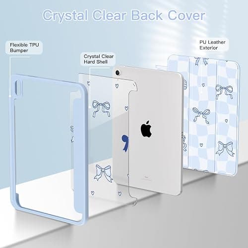 Teryeefi for iPad (A16) 11th Generation Case 2025 Release& iPad 10th 2022 | Protective Shell with Pencil Holder, Soft TPU+Crystal Hard Back Cover , Auto Sleep Stand, Cute Girly Blue Case (Grid Bows) thumbnail 4