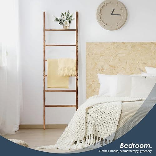 6-Tier Blanket Ladder Wooden, 5.7FT(66.5'') Blanket Quilt Towel Holder Rack Decorative Ladder, Easy Assembly, Rustic Farmhouse Ladder Shelf for The Living Room Bedroom Bathroom Home Decor, Brown thumbnail 7