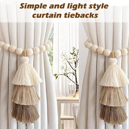 SRG Curtain Tiebacks for Curtains 2 Pack, Decorative Magnetic Curtain Holdbacks for Drapes, Handmade Tie Backs No Drilling for Home Bedroom Window Decor – Wood Bead thumbnail 7