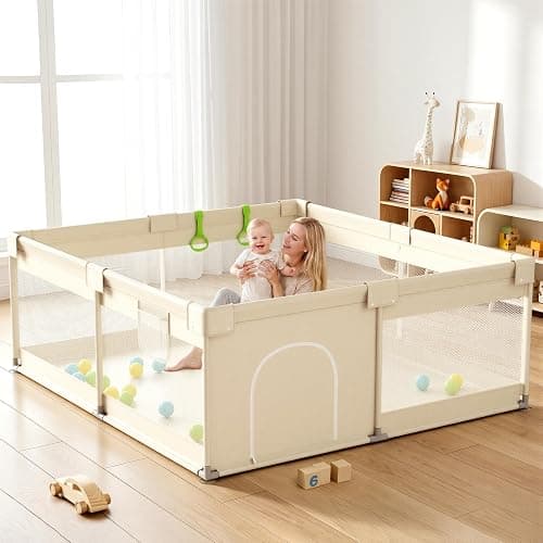 Uanlauo Beige Small Baby Playpen - 47x47in Playpen for Babies and Toddlers | Safe Indoor Play Pen, Baby Pen with Side Storage Bag and Breathable Mesh, Playard with 2 pull-up rings, Anti-slip Suction Cup - Image 1