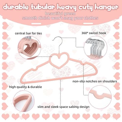 Qunclay 50 Pcs Rose Pink Velvet Heart Hangers, Non-slip Felt Clothes, Heavy Duty Sturdy Heart Clothes Coat Hanger, Cute Kawaii Room Decor for Adult Women, Space Saving No Hanger Mark, 360° Swivel Hook thumbnail 4