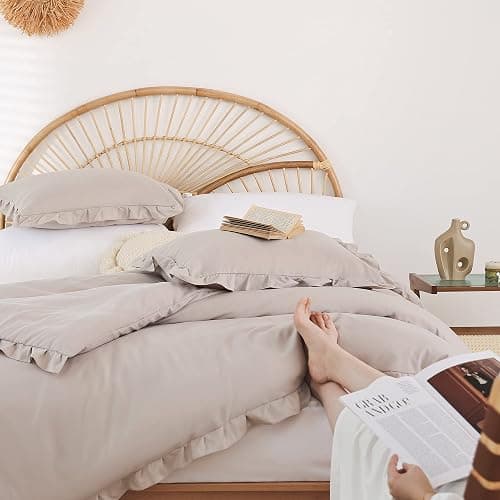 JANZAA Oatmeal Comforter Set Twin – Soft Microfiber, Lightweight All Season Bedding, Ruffle Shabby Chic Aesthetic, Breathable Cozy Bed Set with 1 Pillow Shams, Machine Washable thumbnail 4