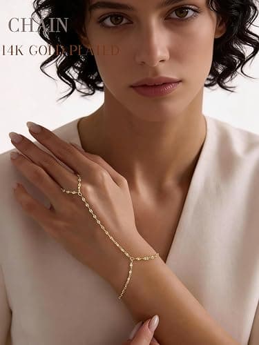 4 Pcs Gold Hand Chain Bracelets for Women, Dainty 14K Gold Plated Ring Bracelet Hand Chain, Stackable Beaded Cubic Zirconia Bracelet Stack Jewelry Gifts thumbnail 4