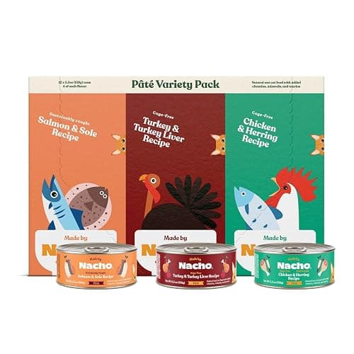 Made by Nacho Pate Wet Cat Food Variety Pack, Chicken, Salmon, and Turkey, 5.5 Ounce Cans, Grain-Free Canned Pet Food, Bone Broth Infused for Hydration, Limited Ingredients, 12 Pack - Image 1