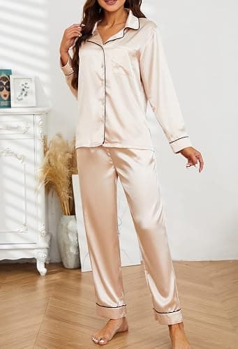 U2SKIIN Women Silk Pajamas Set, Long Sleeve Satin Pajamas for Women Sleepwear Button Down Pjs Set Two-piece thumbnail 4