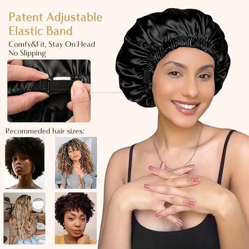 YANIBEST Adjustable Satin Bonnet Double Layer Hair Bonnet for Sleeping Bonnets for Women Hats Curly Natural Hair, Black thumbnail 4