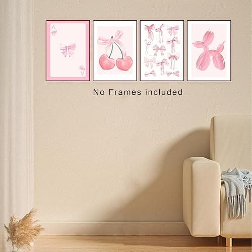 L0famy Preppy Prints Room Decor, Pink Bow Cherry Disco Ball Poster Wall Decor, Cute Balloon Dog Posters, Girls Bedroom Decoration Pink Photos For Bedrooms Dorm 8x10in Unframed thumbnail 5