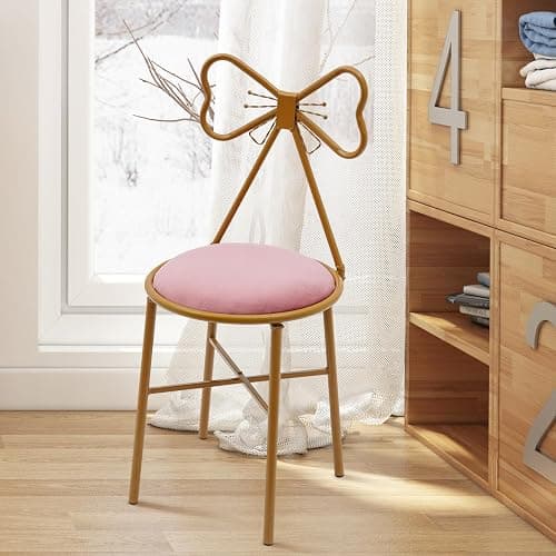 SuiYuLn Pink Butterfly Dressing Chair,Velvet Cushion Deep Gold Metal Frame Chair,Lounge Dresser with Bow Backrest and Velvet Cushion Used for Bedroom Home Garden Living Room - Image 1