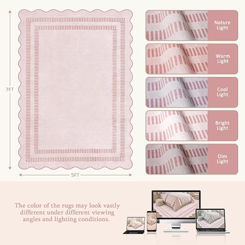 LORWER Pink Rugs for Bedroom Girls, 5x7 Washable Non Slip Area Rugs for Living Room, Soft Vintage Ultra-Thin Scalloped Carpet for Nursery Dorm Home Decor thumbnail 2