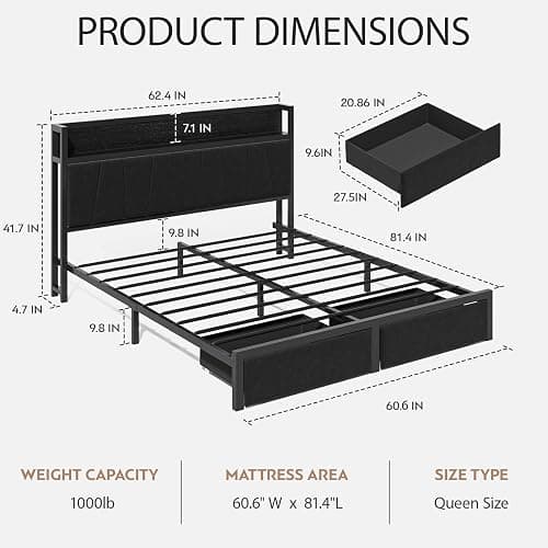CIKUNASI Queen Size Bed Frame with Headboard and Storage Drawers Platform Bed Frame with Storage Chargin Station LED Light Bedframe Heavy Duty No Box Spring Needed thumbnail 2