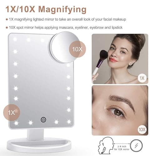 FASCINATE Makeup Vanity Mirror with Lights and Detachable 10X Magnification, 21 Led Lights Adjustable Dimming Touch Sensor, Dual Power Supply, 180° Rotation, Portable Cosmetic Mirror(White) thumbnail 4