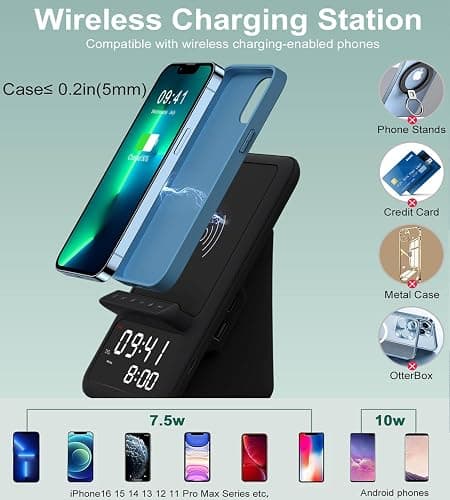 AFK Wireless Charging Station with Bluetooth Speaker and Alarm Clock,Wireless Charger Compatible with iPhone,Android Phones(Black) thumbnail 3