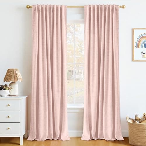 INOVADAY 100% Blackout Curtains 84 Inches Length 2 Panels Set, Back Tab/Rod Pocket Linen Black Out Curtains for Bedroom, Thermal Insulated Window Drapes - Blush Pink, W50 X L84 - Image 1