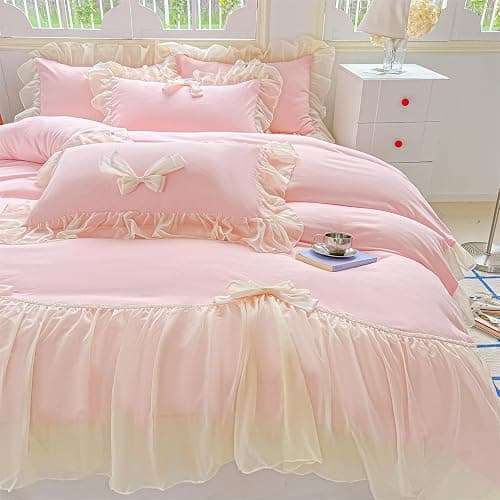 SOUKECHY Girls Lace Bedding,Pink Full Comforter Cover Set, Chic Ruffled Duvet Cover with Lovely Bow,Princess Style 1 Duvet Cover with 2 Pillowcases, No Comforter-Pink,Full Size thumbnail 6