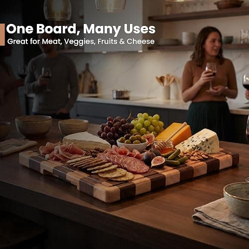Large Wood Cutting Board-"16.5x11.6”100% Organic Acacia Wood Cutting Board, Checkered Wooden Cutting Board for Kitchen, End Grain Butcher Block with Deep Juice Groove, Built-In Handle & Non-Slip Pads thumbnail 6