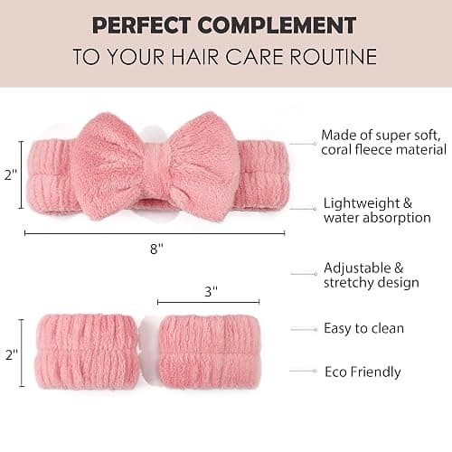 Ayesha Spa Headband and Wristband Set for Skincare Washing Face,Makeup Headband Wrist Cuffs for Preppy Skincare Women Girl (Pink set) thumbnail 2