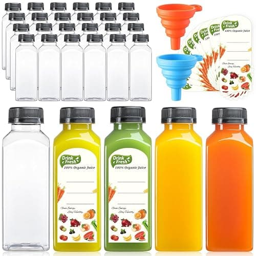24 PACK, 12 OZ Reusable Thicker Plastic Juice Bottles with Caps, Leakproof | Plus 24 Labels & 2 Funnels, Clear Juicing Bottles for Juice, Smoothies, Ginger, Tea, Coffee -Food Grade & Travel & Freezable - Image 1