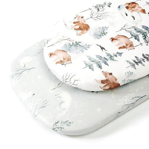 Stretchy Bassinet Mattress Sheets, Ultra Soft Bassinet Sheet 2 Pack, Universal Fitted for Oval Hourglass Rectangular Bassinet Mattress Pad Safe and Snug, Stylish Pattren of Bear and Wolf Print thumbnail 3