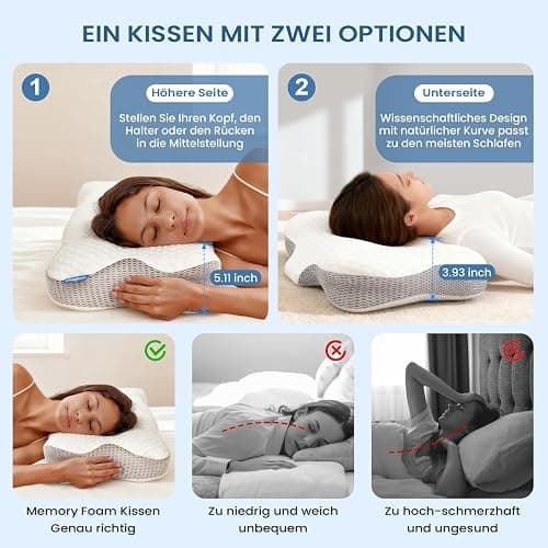 Dozion Nackenkissen Kopfkissen Memory Foam Kissen, Ergonomisches Kopfkissen Seitenschläferkissen,Halswirbelkissen Stützendes Nackenkissen Schlaf Kissen Pillow für Seiten Rücken & Bauchschläfer(1 Pcs) thumbnail 4