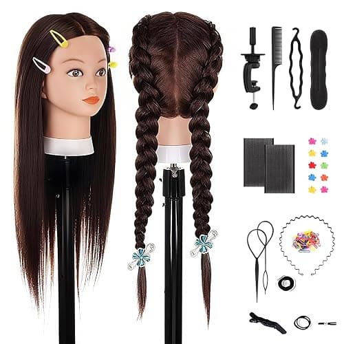 TwoWin Hairdressing Training Head, 26" 80% Real Hair Mannequin Head, Wig Styling Head with Clamp and DIY Braiding Set (Dark Brown) - Image 1