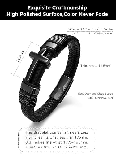 Black Cross Cuff Bracelet for Men,Stainless Steel Braided Leather Bible Verse Bracelet with Joshua 1:9 Inspirational Faith Gift for Dad,Brother,Son,family,Religious Baptism and Confirmation Gifts thumbnail 4