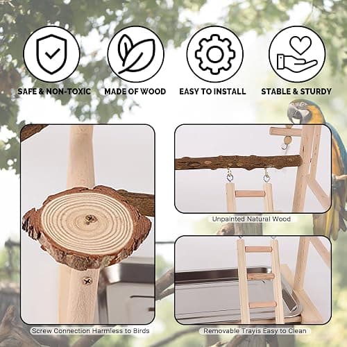 RoseFlower Wooden Bird Playground, Parrot Playstand with Perches, Ladder, Swing, Feeder Cups, Tray for Conure, Parakeets, Budgie, Cockatiels, Lovebirds, #4 thumbnail 8