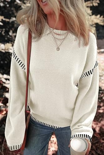 Dokotoo Sweaters for Women Fashion Solid Crewneck Loose Fit Long Sleeve Contrast Cable Knit Pullover Sweater Jumper Tops thumbnail 7
